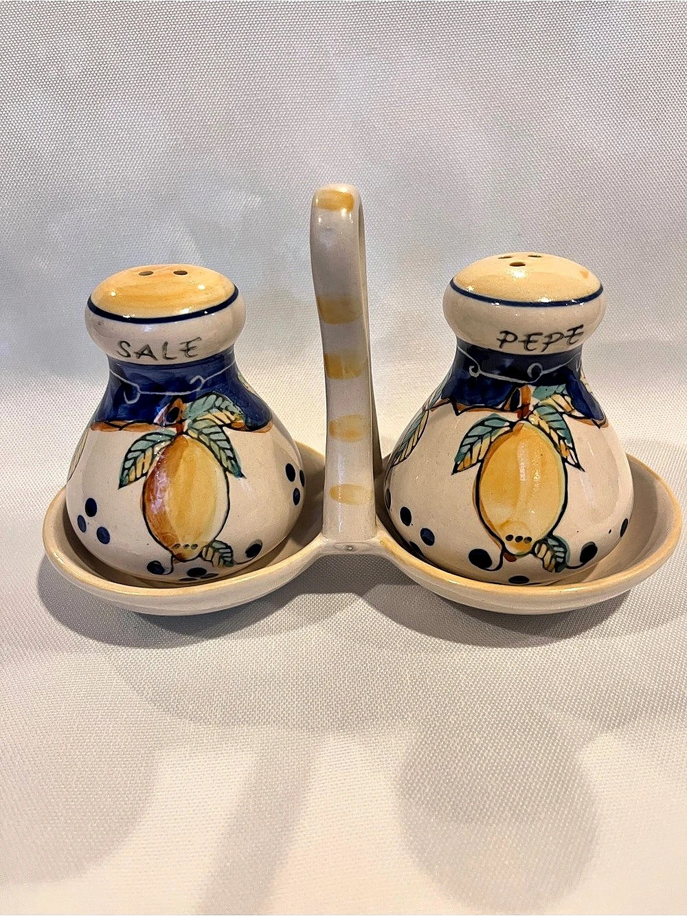 Ceramic Italian Hand Painted Lemon Salt & Pepper Set with Caddy, Cream & Blue